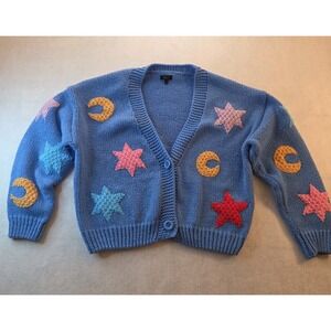 Women's DEBUT Celestial Cardigan Blue Chunky Knit Sun Moon Stars Size Large